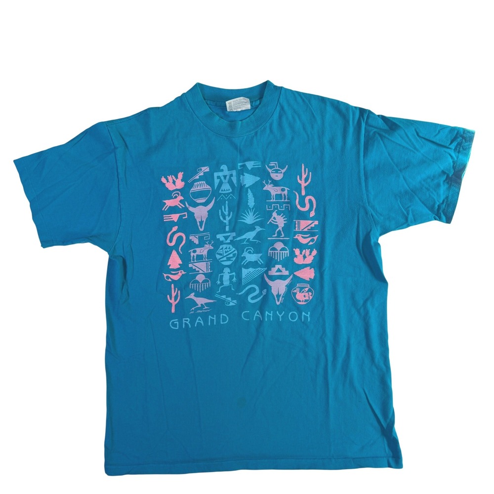 Hanes Vintage 90s Grand Canyon Southwestern Mens T-Shirt Teal Blue 100% Cotton